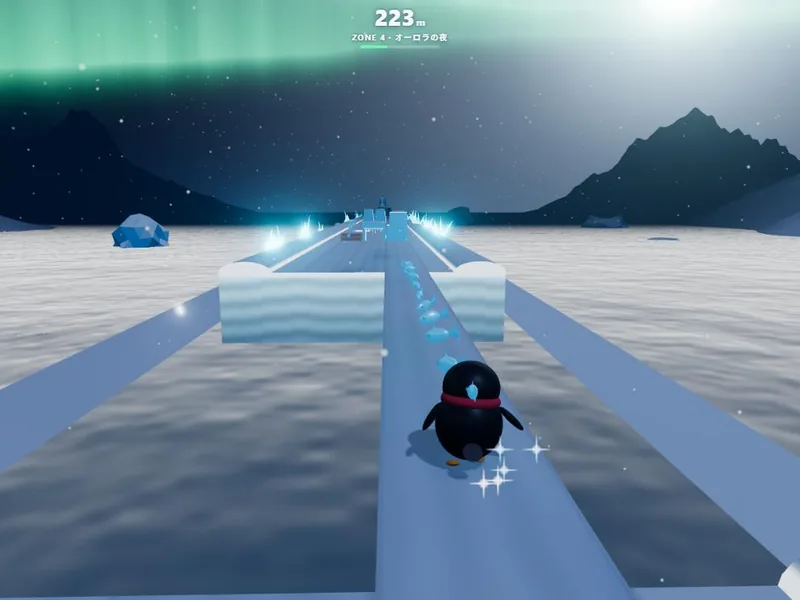 PENGUIN DASH のプレイ画面。オーロラの夜の氷の道をペンギンが走る
