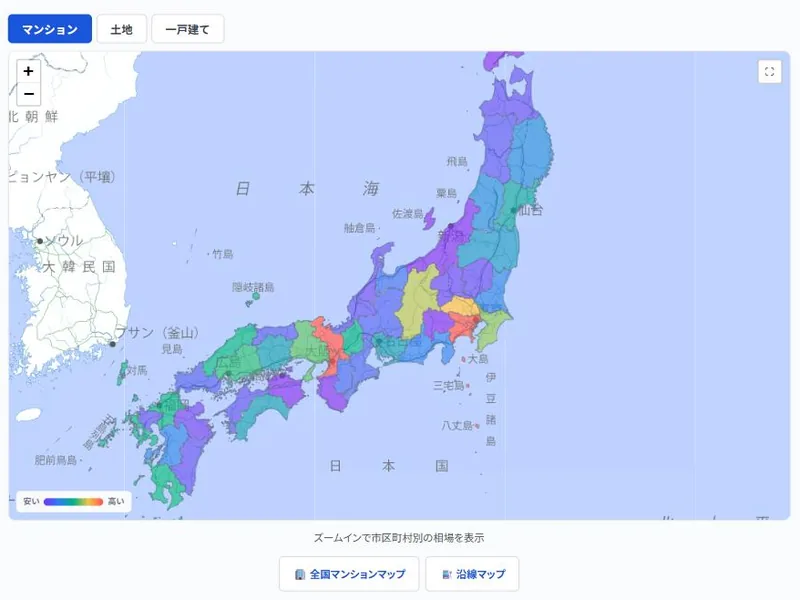 相場マップの画面。都道府県・市区町村ごとの相場を色分けして表示